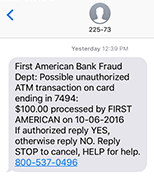 Unity Plus Bank Fraud Dept.: Possible unauthorized transaction on card ending in xxx: $xxx.xx processed by MERCHANT NAME on DATE. If authorized reply YES, otherwise reply NO. Reply STOP to cancel, HELP for help 800-537-0496.